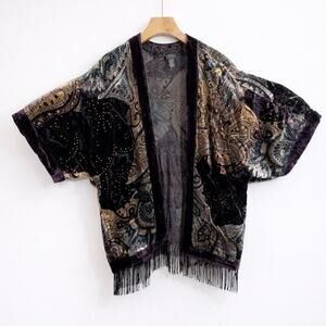 Travelers by Chico’s Velvet Burnout Fringe Kimono Jacket Purple Gold Paisley S/M